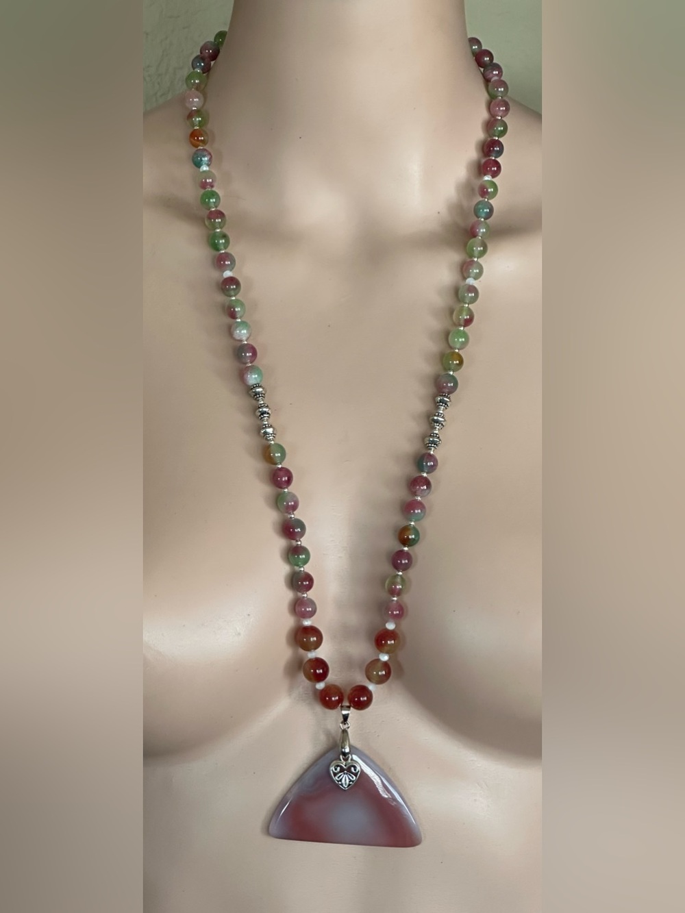 Long 32 inch Watermelon Jade bead Necklace NWOT